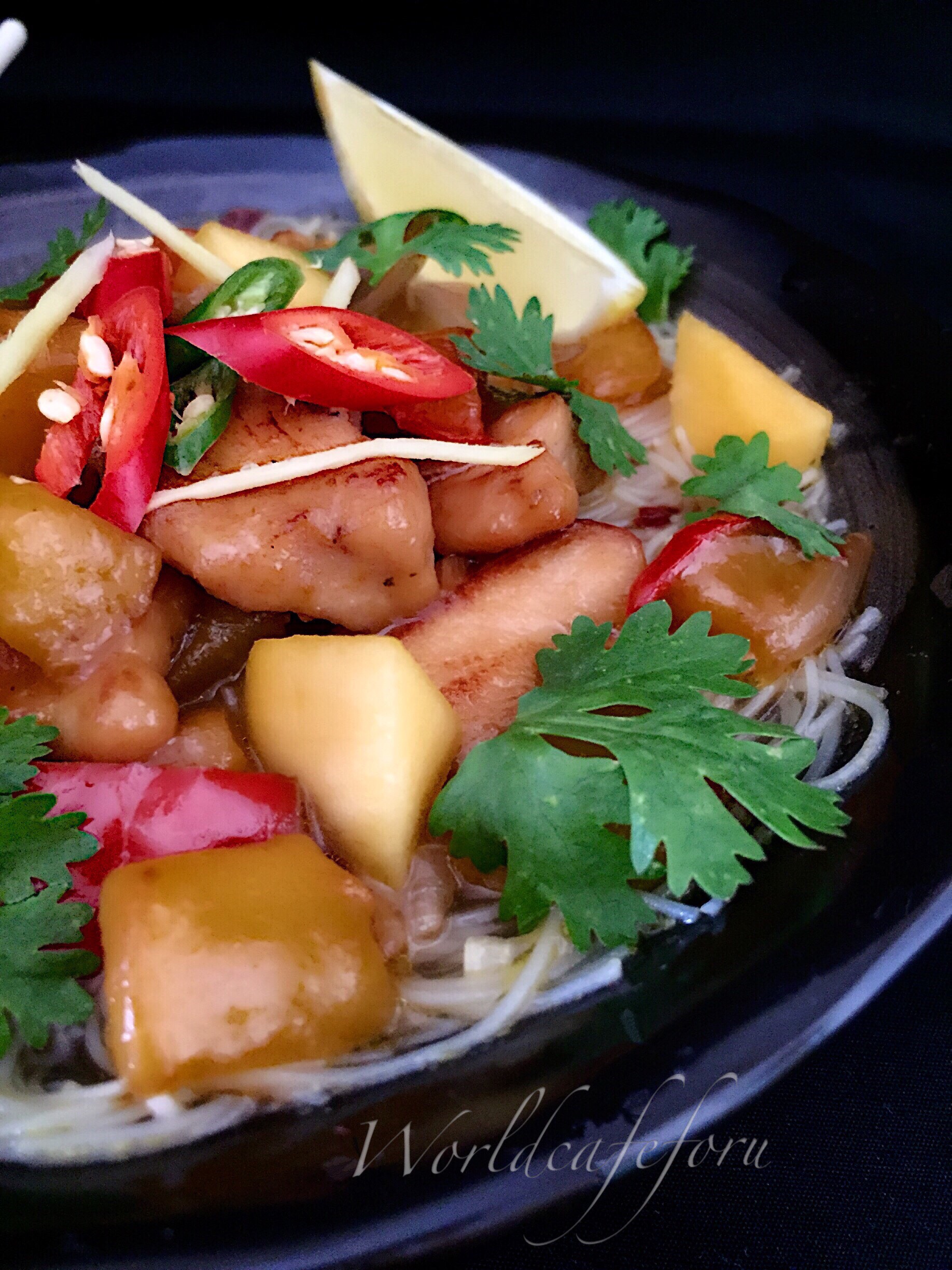 Vietnamese Mango Chicken in Chili Lime Broth served with Rice noodles ...